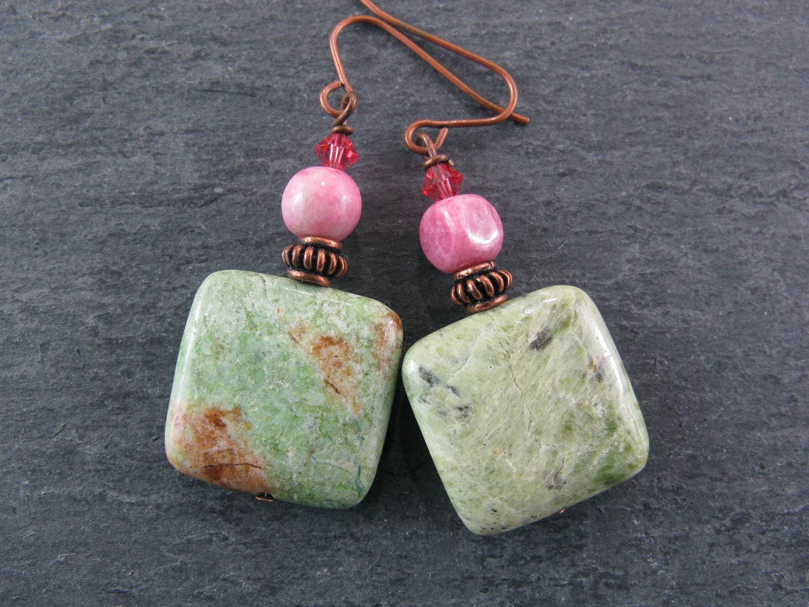 Pink Rhodonite Green Opal Drop Dangle Earrings Genuine Gemstones Semi Precious Stone Handmade Jewelry for Women