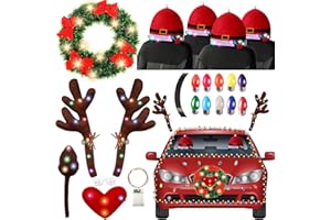 TKIFODA 26 Pcs Light Up Christmas Car Decorations, Glow Up Christmas Reindeer Antlers Car Kit, Christmas Car Decor, Christmas Decorations for Car, LED Christmas Car Wreath Santa Claus Hat Headrest Covers