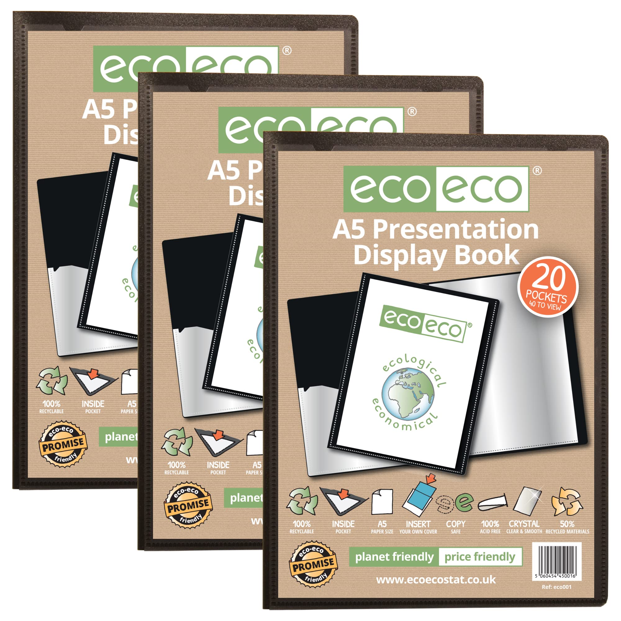 eco-eco A5 Size 50% Recycled 20 Pocket Black Presentation Display Book, Storage Case Portfolio Art Folder with Plastic Sleeves, eco001x3, (Pack of 3 Books)