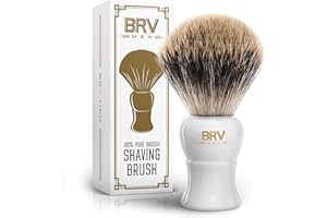 BRV MEN Pure Badger Shaving Brush (19mm knots) - Heavy Resin Handle - Use with Double-Edge Safety Razor, Straight Razor and Shaving Bowl (White)