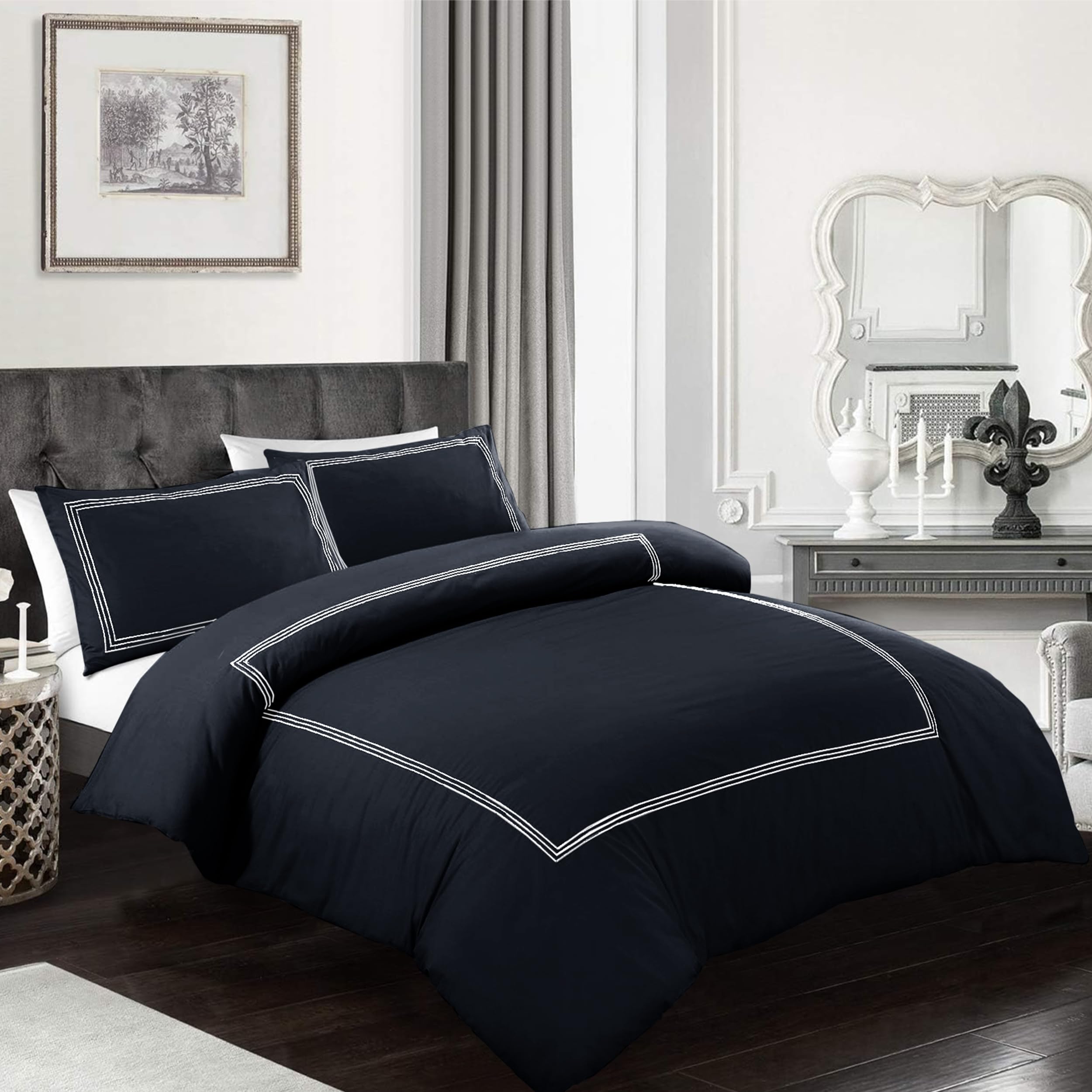 My home store Embroidered Duvet Cover Set Hotel Quality 200TC Bedding Set Soft Breathable 100% Poly Cotton Quilt Cover with 2 Pillowcases (Bratta Stitch Black/White, Double)