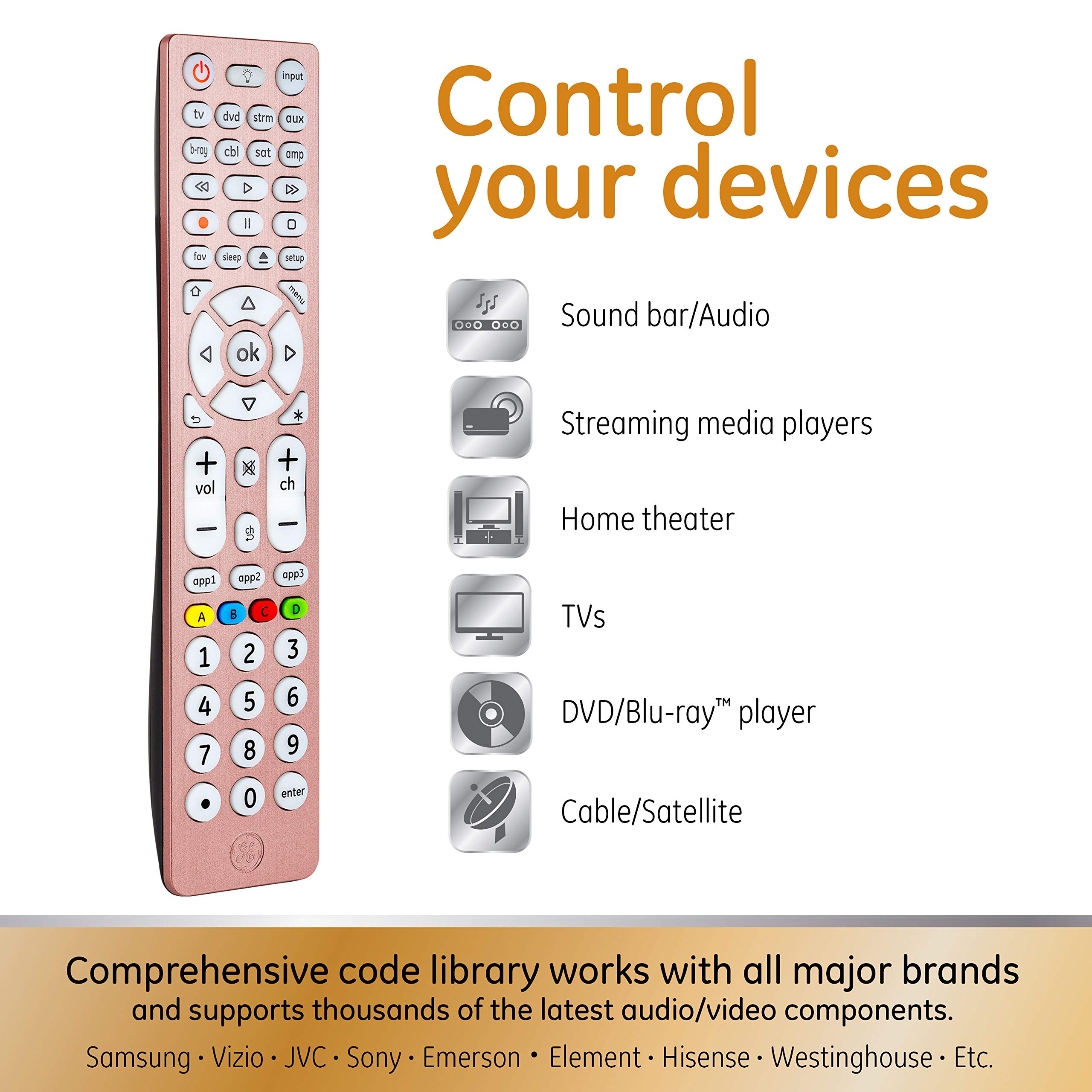 GE Backlit Buttons Universal Remote Control, Samsung TV Remote Control Replacement, Samsung Remote Control for Smart TV, Roku Remote Replacement, Vizio, LG TV, Sony, Apple TV, 8-Device, Rose, 47511