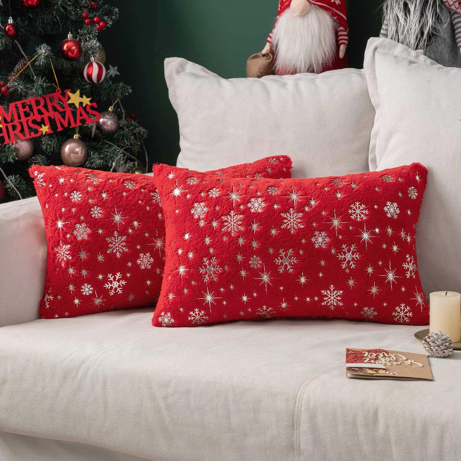 MIULEE Pack of 2 Christmas Cushion Covers Faux Fur Throw Pillow Cover Fluffy Soft Decorative with Snow Patterns Rectangle Pillow Covers Plush Case for Sofa Bedroom 12 x 20 Inches 30 x 50 cm Red