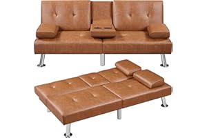 Yaheetech Convertible Sofa Bed Adjustable Couch Sleeper Modern Faux Leather Home Recliner Reversible Loveseat Folding Daybed Guest Bed, Removable Armrests, Cup Holders, 3 Angles, 772lb Capacity, Brown