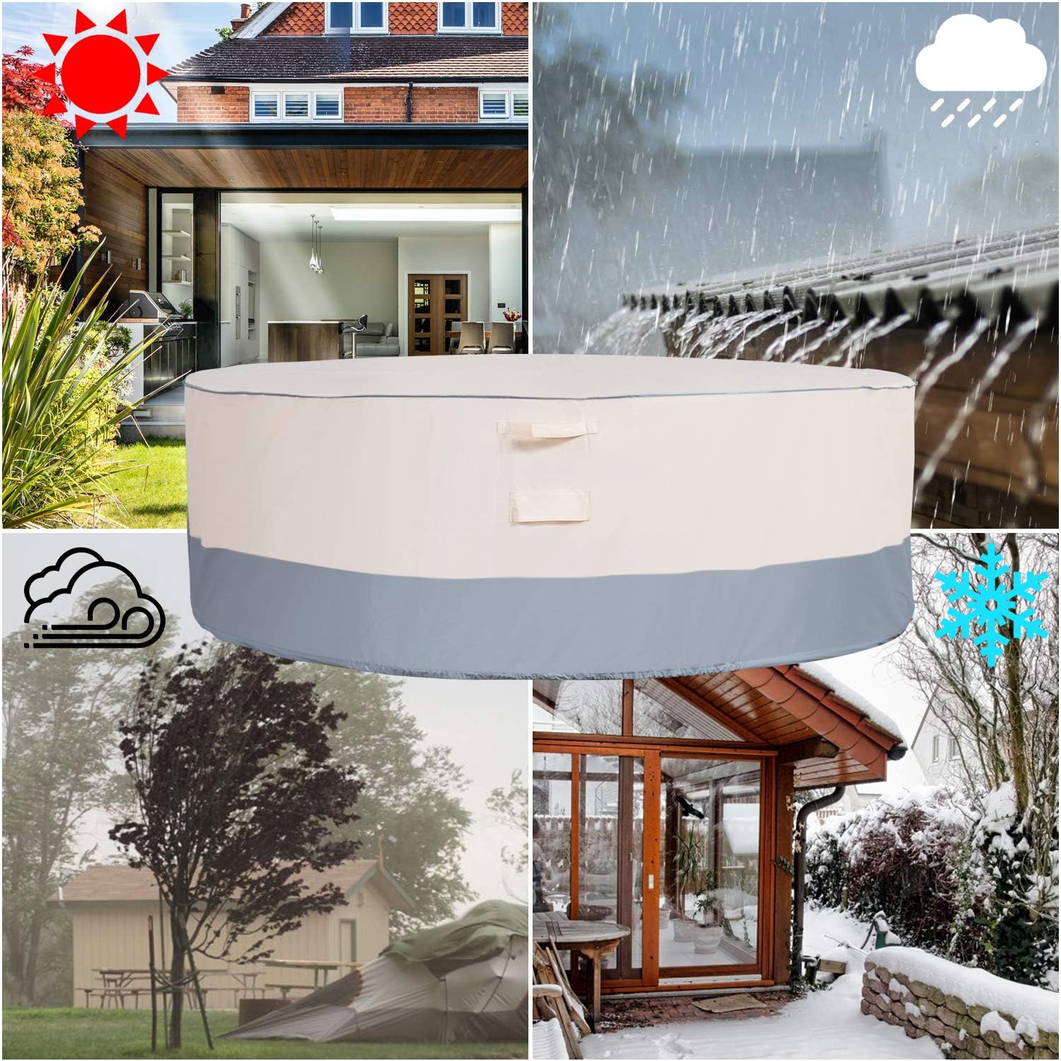 Waterproof Patio Table Cover Heavy-Duty Outdoor Round Picnic Table Cover Beige Grey 84'' X 27.5'' Outside Furniture Cover Dust-Resistant UV-Resistant for Deck, Lawn, Backyard, Zadst Cycle FC-01Rtb : Garden & Outdoor