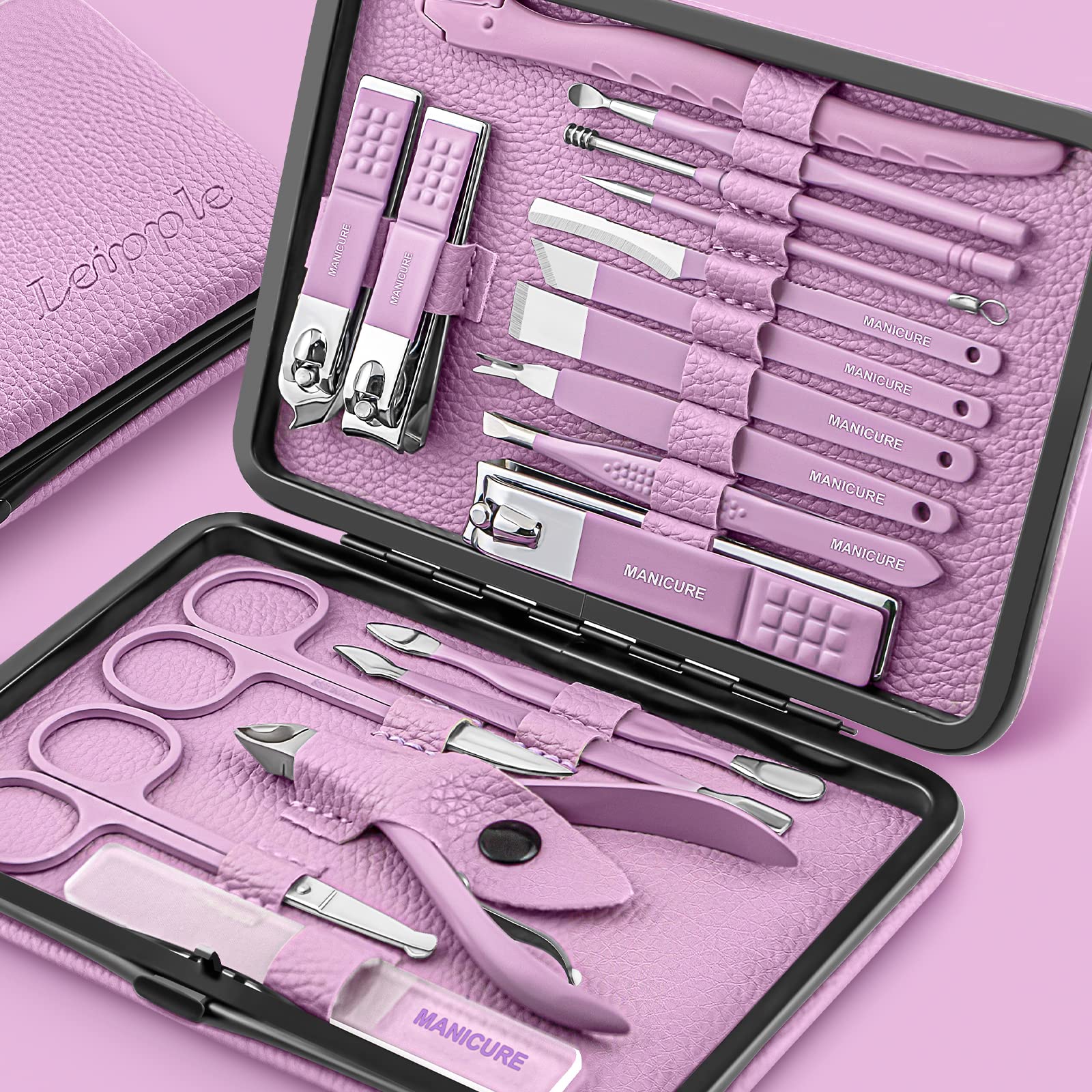 Manicure Set Professional Pedicure Kit Nail Clippers Kit - 18 Pcs Nail Care Tools - Grooming Kit with Luxurious Upgraded Travel Case (Purple)