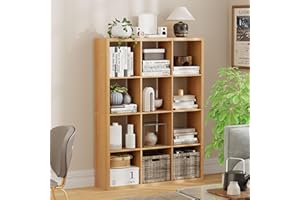 Jpiziso 12-Cube Storage Organizer, Wooden Cube Shelf Bookcase with Reinforced Thick Shelves, Heavy-Duty 36.93" L x 9.37" W x 