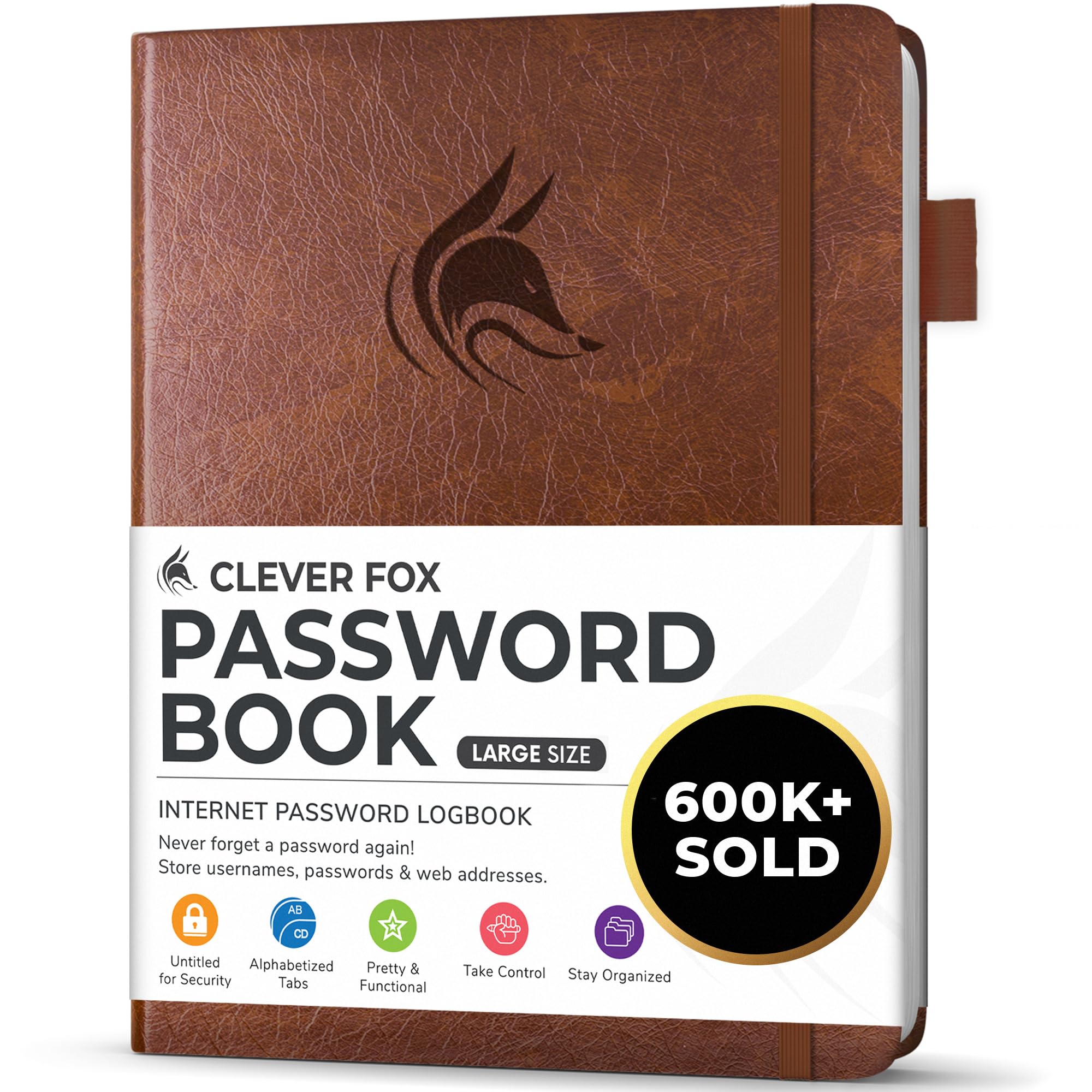 Clever Fox Password Book with alphabetical tabs. Internet Address Organizer Logbook. Large Password Keeper for Website Logins (Brown)