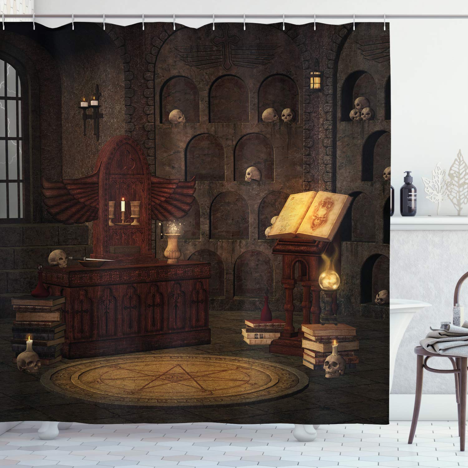 ABAKUHAUS Gothic Shower Curtain, Chamber of Secret Rite with Skulls on The Wall Sorcery Spell Image Print, Cloth Fabric Bathroom Decor Set with Hooks, 78" Inches, Brown
