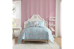 Laura Ashley - Kids Comforter Set, 100% Super Soft Toddler Bedding with Matching Shams & Bonus Decorative Pillow, Ideal Girl Room Essentials (Magical Unicorns Blue, Full/Queen)