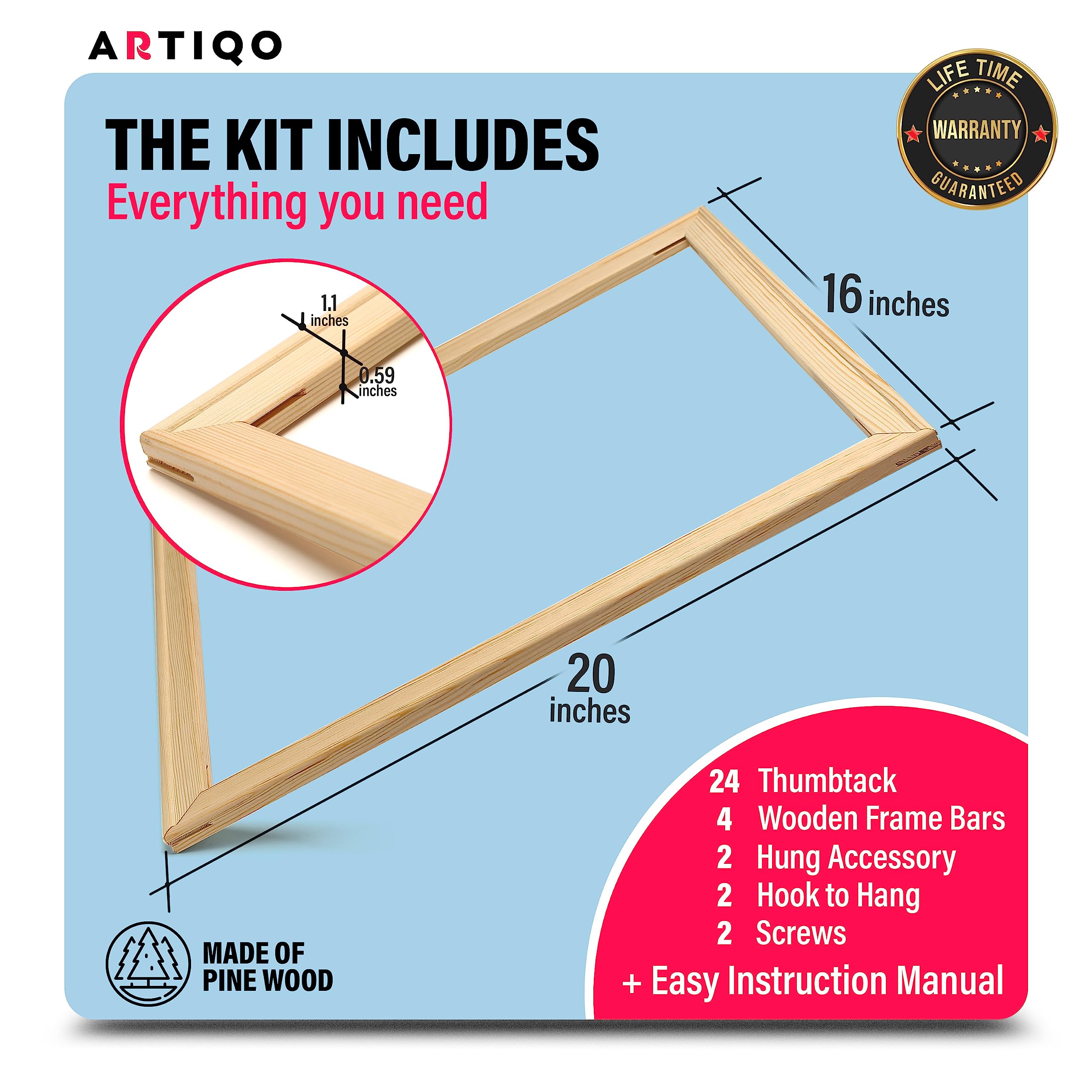 DIY Canvas Stretcher Bars 16x20 Inch Canvas Frame - Easy to Assemble, Gallery Wrap Oil Frame Kits Canvas Wood Stretcher Bars- for Oil Paintings, Prints, Paint by Numbers & Posters