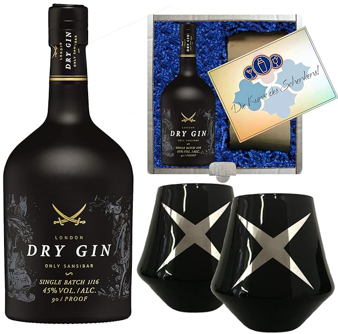 Gin Geschenk-Set Sansibar Luxus-DryGin inkl. 2 schwarzen Gin-Gläsern. Das Geschenk für Liebhaber Luxusgeschenk für Männer
