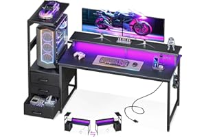 AODK 59 Inch Gaming Desk with USB Charging Ports & LED Light- Reversible Computer Desk with Storage Shelves & Monitor Stand, 