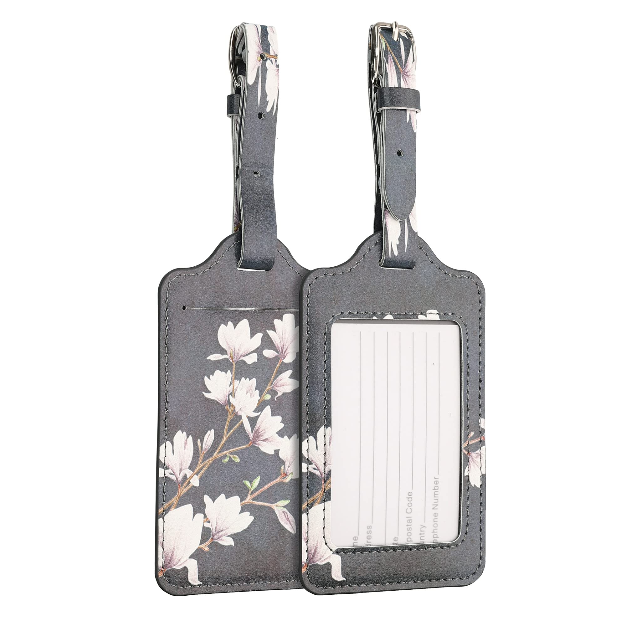 kwmobile Luggage Tags - 2X Synthetic Leather Name Address Cards for Travel Luggage, Suitcases - Magnolias Taupe/White/Dark Grey