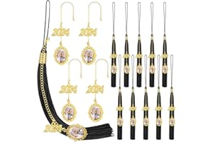 Japior 10Pcs Graduation Tassel 2024 Graduation Cap Tassel with 2024 Gold Graduation Charms Memorial Photo Charm for Hat Decorations Crafts Class Mortarboard Graduation Party Gifts(Black)