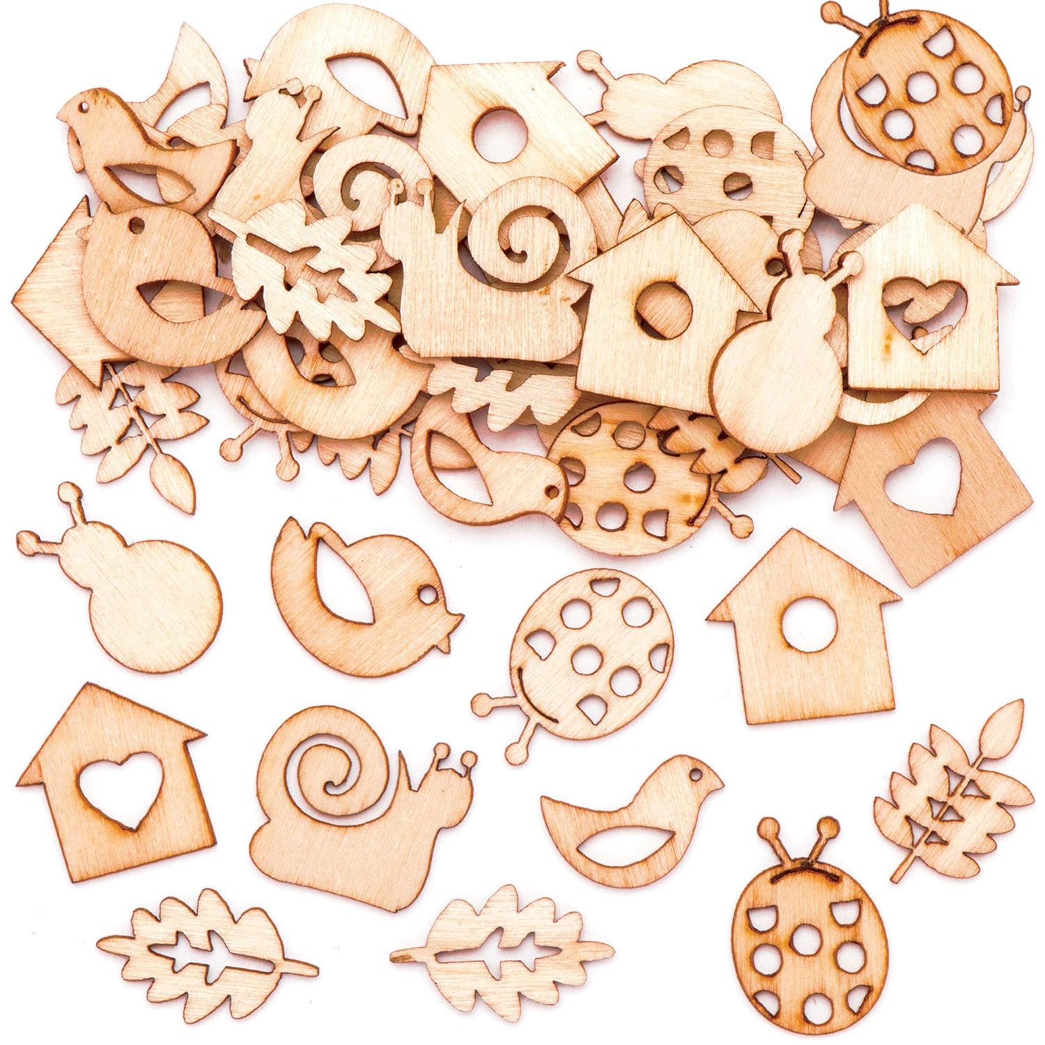 Baker Ross Garden Mini Wooden Shapes, Creative Art and Craft Supplies for Kids to Make and Decorate (45 Pack)