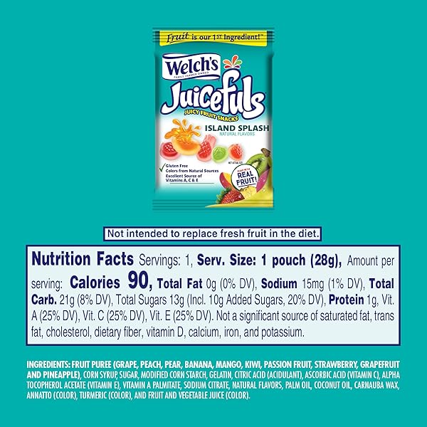 WELCH’S JUICEFULS JUICY FRUIT SNACKS, ISLAND SPLASH, FRUIT GUSHERS, PERFECT FOR SCHOOL LUNCHES, BULK PACK, INDIVIDUAL SINGLE SERVE BAGS, 1 OZ (PACK OF 48)
