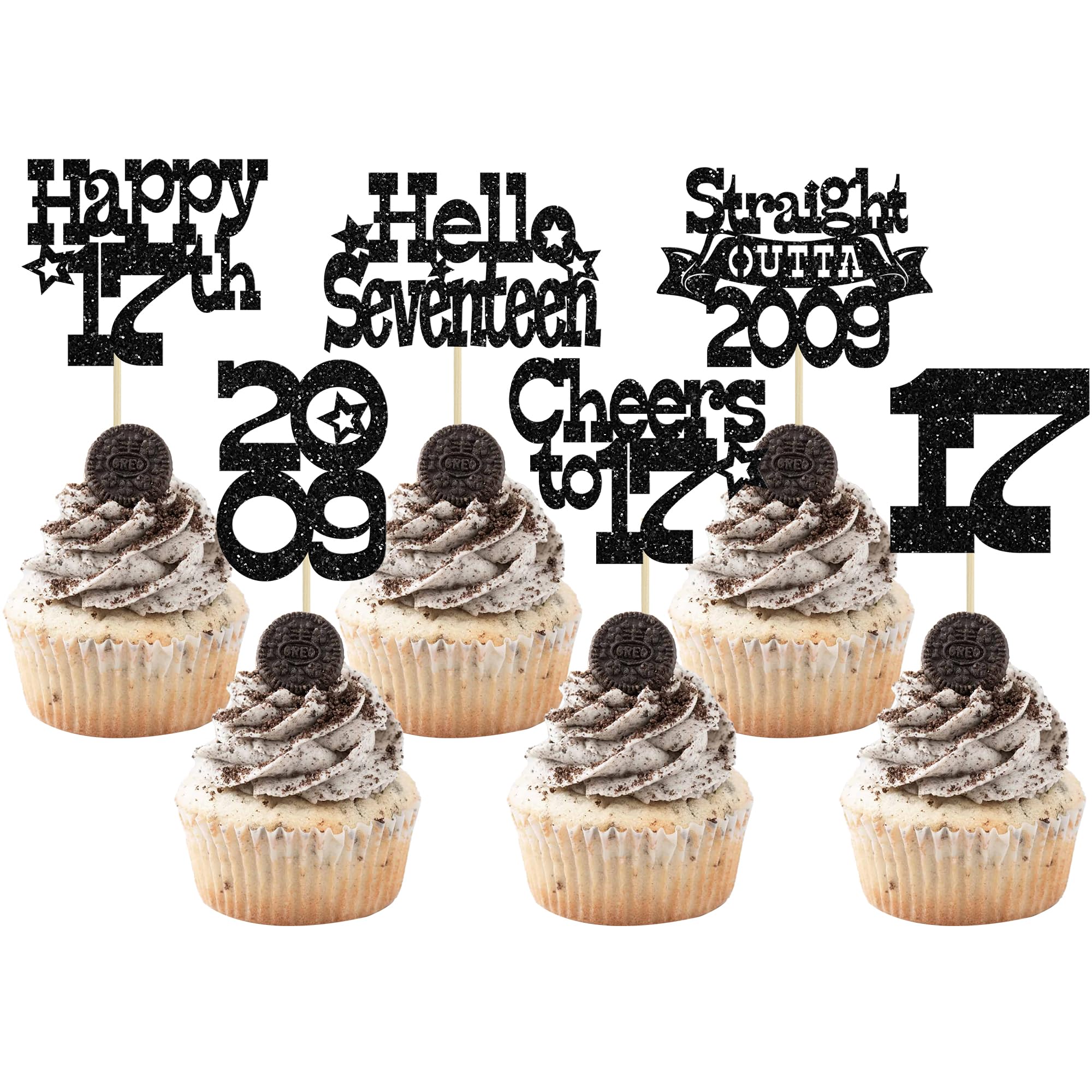 Ephlyn 30Pcs Straight Outta 2009 Cupcake Toppers Glitter Seventeen Happy 17th Birthday Cupcake Picks Cheers to 17 Years Cake Decorations for 17th Birthday Anniversary Party Supplies Black