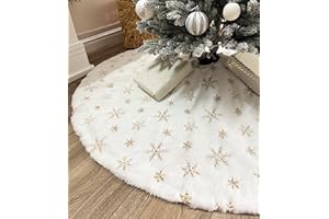 AOGU 48 Inch Sequin Faux Fur Christmas Tree Skirt Decoration for Merry Christmas Party White Plush Gold Sequin Snowflake Xmas Christmas Tree Skirt Decorations