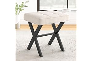 LUE BONA Ottoman Foot Stool Vanity Stool, Square Linen X-Leg Foot Rest Ottoman Makeup Stool, Small Stool Chair for Vanity, Modern Padded Vanity Seat for Makeup Room, Living Room, Bathroom, Linen Color