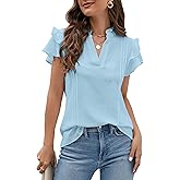 Blooming Jelly Womens Dressy Casual Tops Ruffle Short Sleeve V Neck Shirts Elegant Business Work Blouse