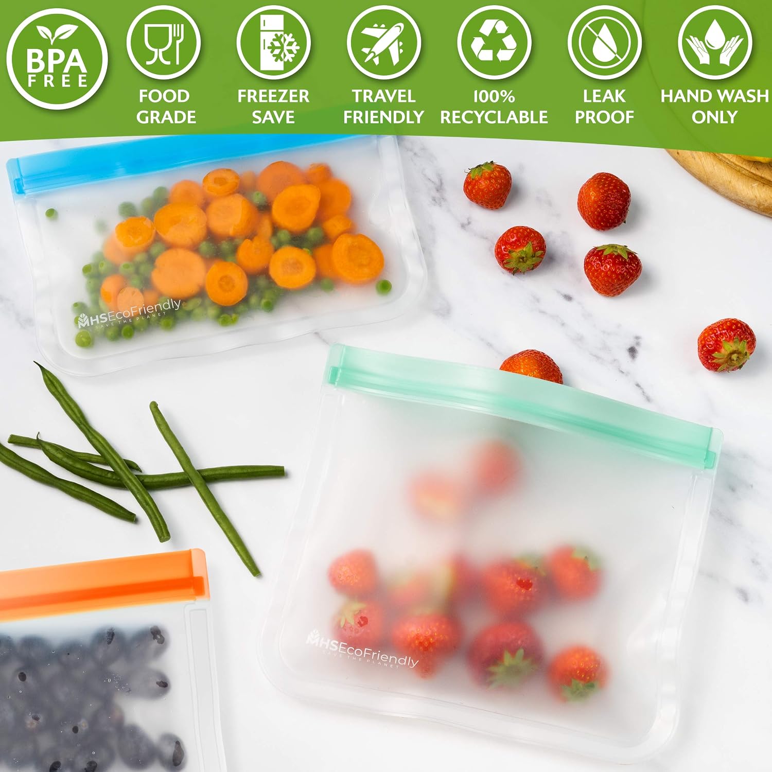 MHSEcoFriendly® Reusable Freezer Bags 15-Pack, Multicolour, 15-Bags (3 Sizes: M, L, XL) - Image 3