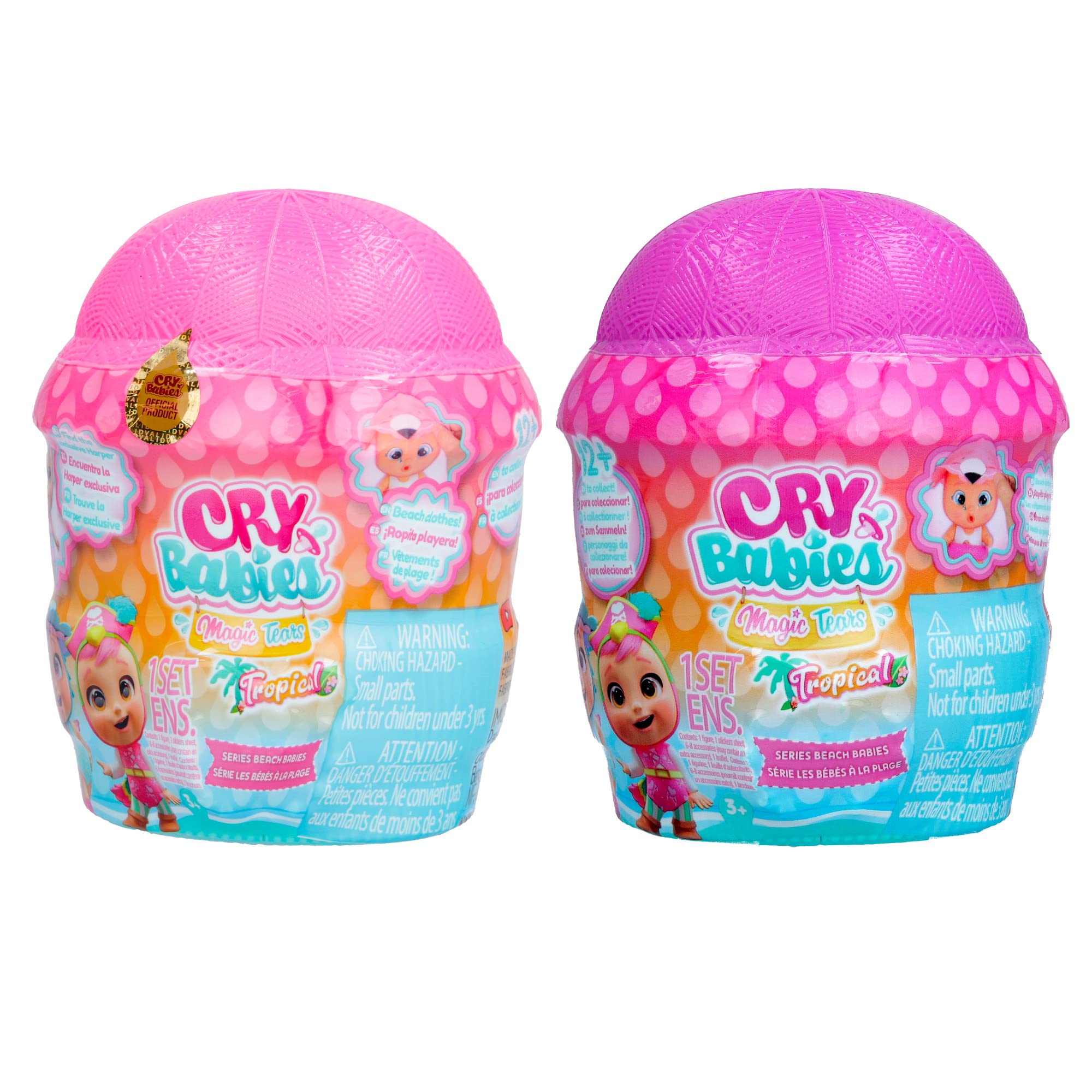 Cry Babies MAGIC TEARS Tropical Beach Babies Pack | 2 Collectible surprise dolls that Cry real tears with Swimsui & 14 Accessories - Toys for girls and boys +3 Years
