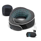 Proglobe Travel Neck Pillow 100% Memory Foam – Airplane & Car Travel Essentials Kit with 3D Eye Mask, Earplugs & Mesh Bag – Sleeping Support Pillow for Adults (Dark Grey)