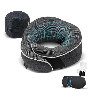 Proglobe Travel Neck Pillow 100% Memory Foam – Airplane & Car Travel Essentials Kit with 3D Eye Mask, Earplugs & Mesh Bag – Sleeping Support Pillow for Adults (Dark Grey)
