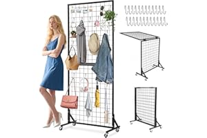 JWPFD Foldable Grid Wall Display Rack 2.4' x 5.9' Ft with 24 Hooks, Grid Wall Panels with Spring-Loaded Pins for Retail Display, Home Decor, Craft Shows