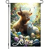 He is Risen Easter Garden Flags for Outside 12x18 Double Sided, Small Burlap Farmhouse Spring Floral Highland Cow Lamb Garden Flag Easter Decorations Outdoor Yard Lawn Porch Flags