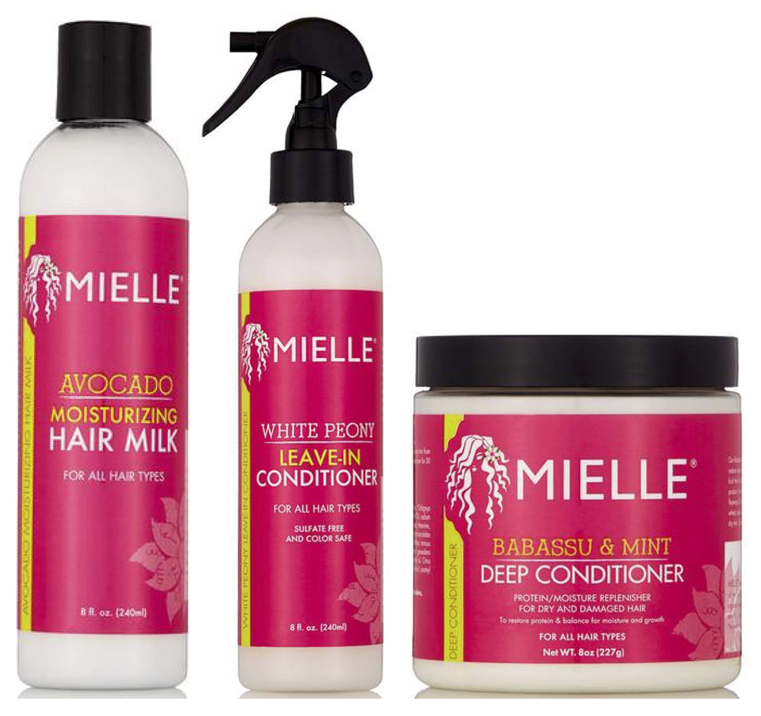Mielle Organics Moisturizing Avacado Hair milk 8oz, White Peony Leave-In Conditioner 8oz & Babassu Oil and Deep Mint Conditioner 8oz