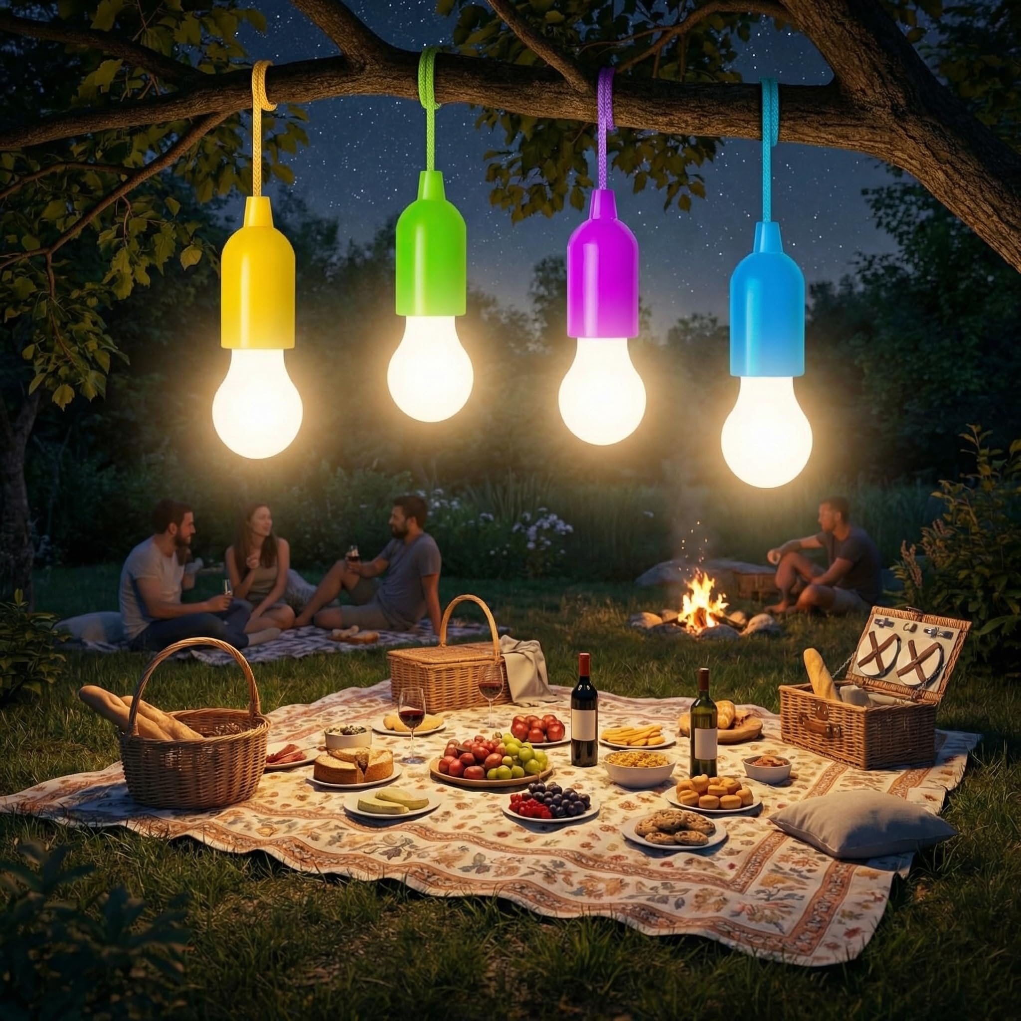 GloBrite Pack of 4 Battery Operated Lights - LED Pull Cord Bulbs – Instant Outdoor Lights for Camping, Power Outages, Tents, Closets & Outdoor Use - Easy-to-Install, Portable Non-Electric Rope Light