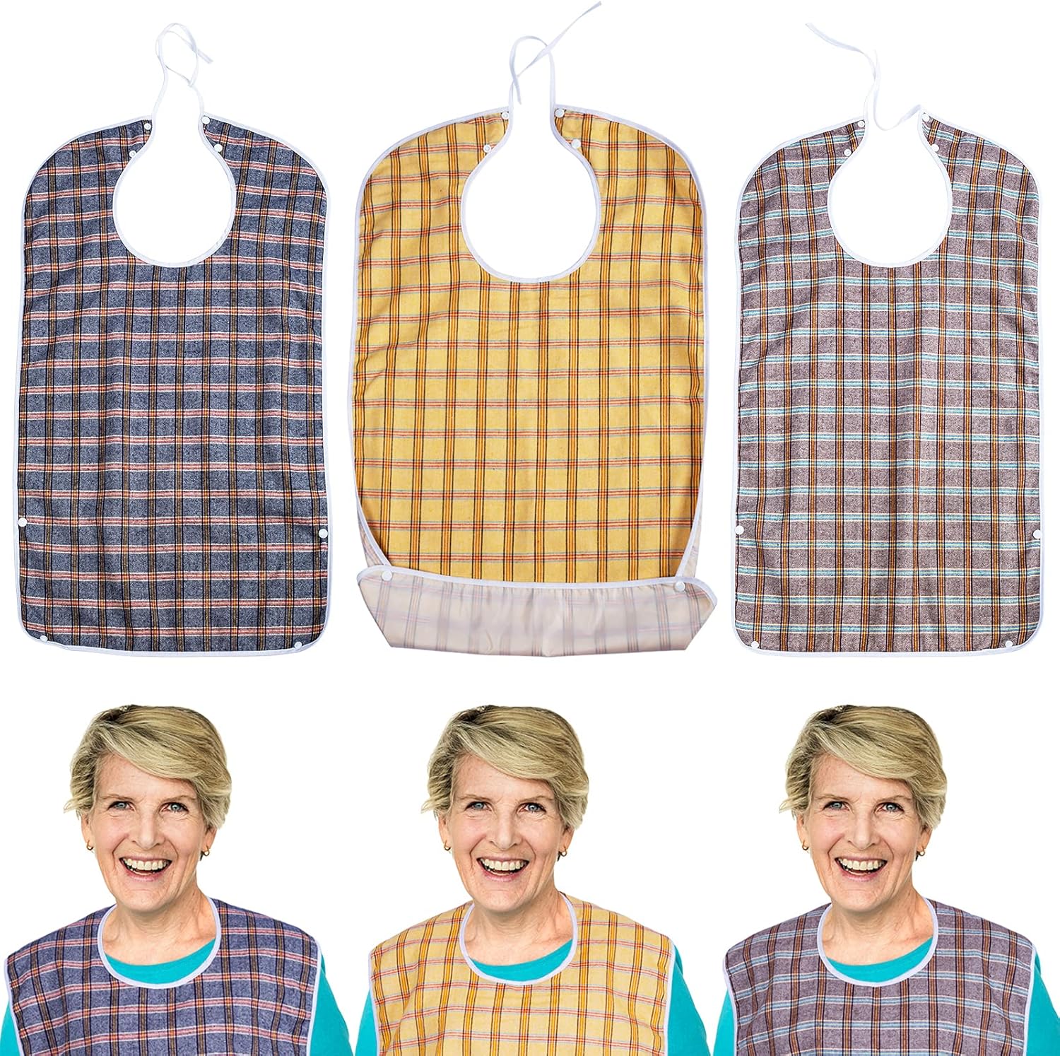 3 Pack Reusable Adult Bibs with Snap Closure and Crumb