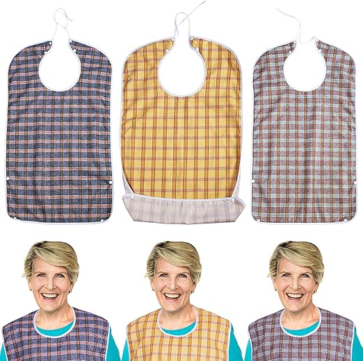 3 Pack Reusable Adult Bibs with Snap Closure and Crumb Catcher