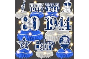 Bumqviy 9Pcs Happy 80th Birthday Honeycomb Centerpieces Decorations with String Lights for Men, Blue Silver Vintage 1944 Aged to Perfection Table Party Supplies, Eighty Years Old Birthday Table Sign