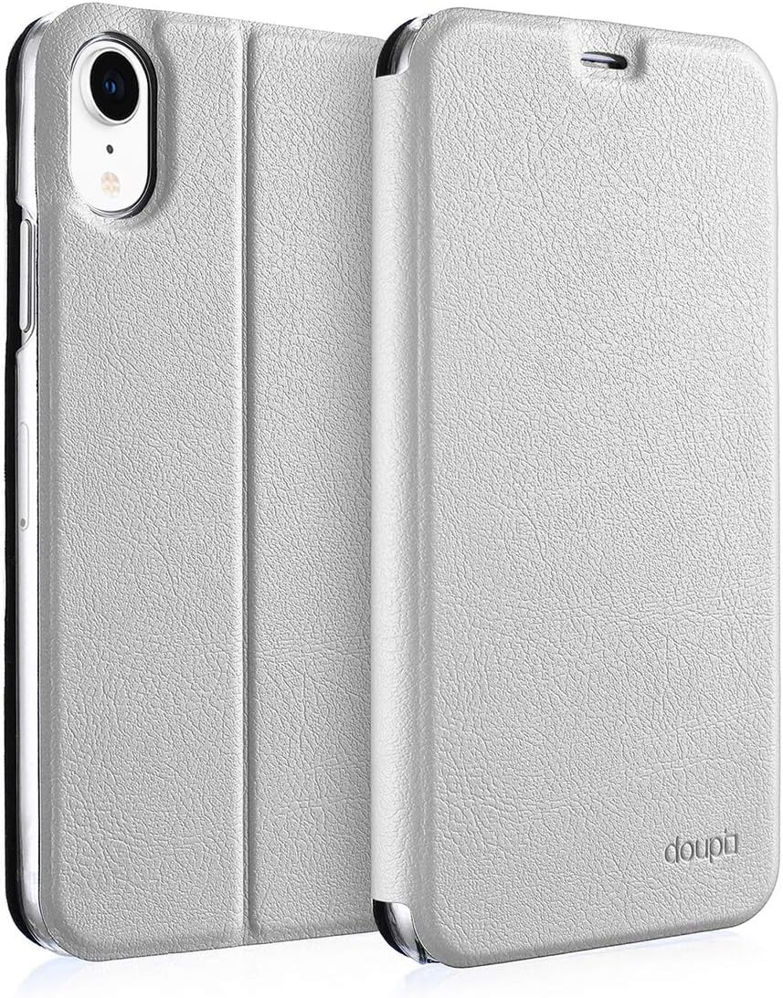 doupi FlipCase for iPhone XR (6.1 inch) - Deluxe Leatherette Magnet Book Style Screen Protector Stand Protective Flip Cover, white