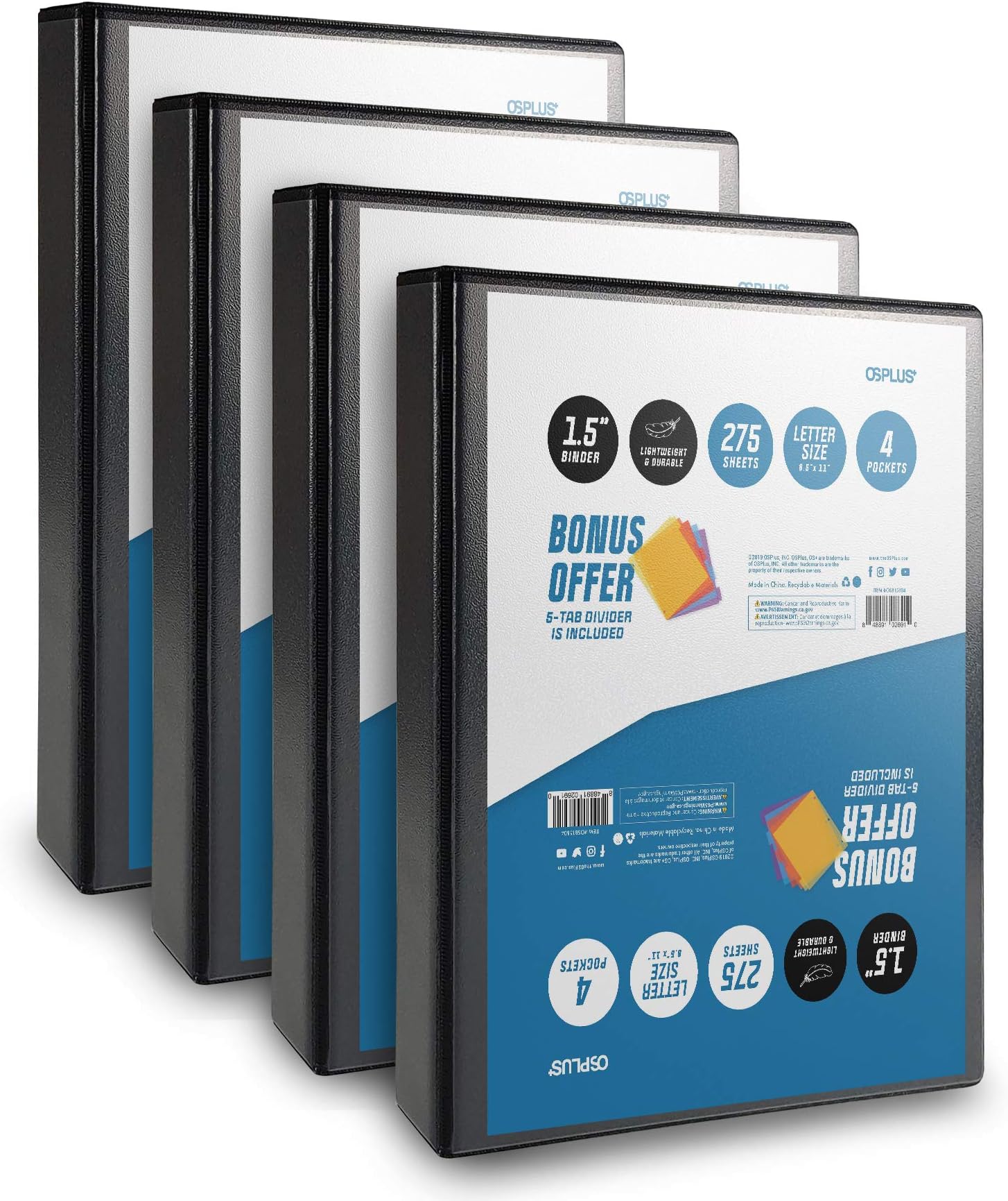 OS Plus O-Ring Simple Binder, 1.5 Inch - Black, 4 Pack. Bonus 1 Set Divider Included