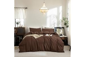 FOSSA Duvet Cover Set 100% Washed Cotton Linen Feel Super Soft Breathable Cozy 3 Pieces Bedding Sets Solid Cocoa Brown Queen