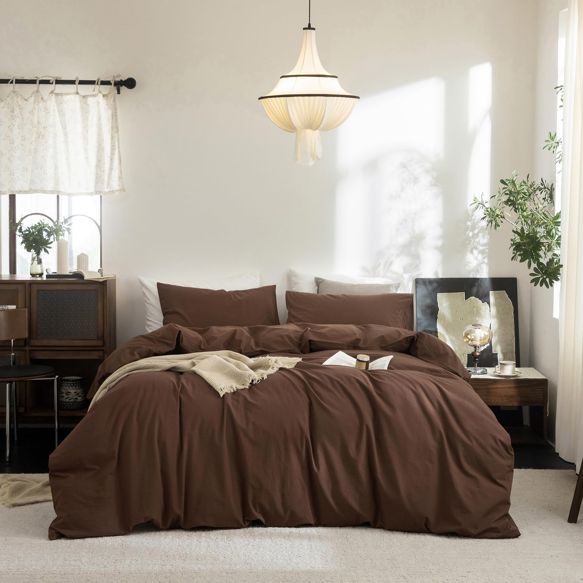 Photo 1 of FOSSA Duvet Cover Set 100% Washed Cotton Linen Feel Super Soft Breathable Cozy 3 Pieces Bedding Sets Solid Cocoa Brown Super King
