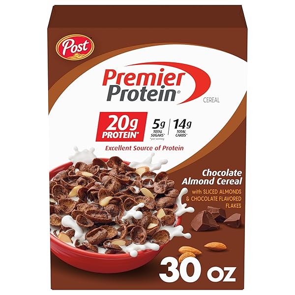 POST PREMIER PROTEIN CHOCOLATE ALMOND CEREAL, CHOCOLATEY PROTEIN CEREAL FLAKES WITH SLICED ALMONDS, CONTAINS 20G OF PROTEIN PER SERVING, 30 OZ BOX