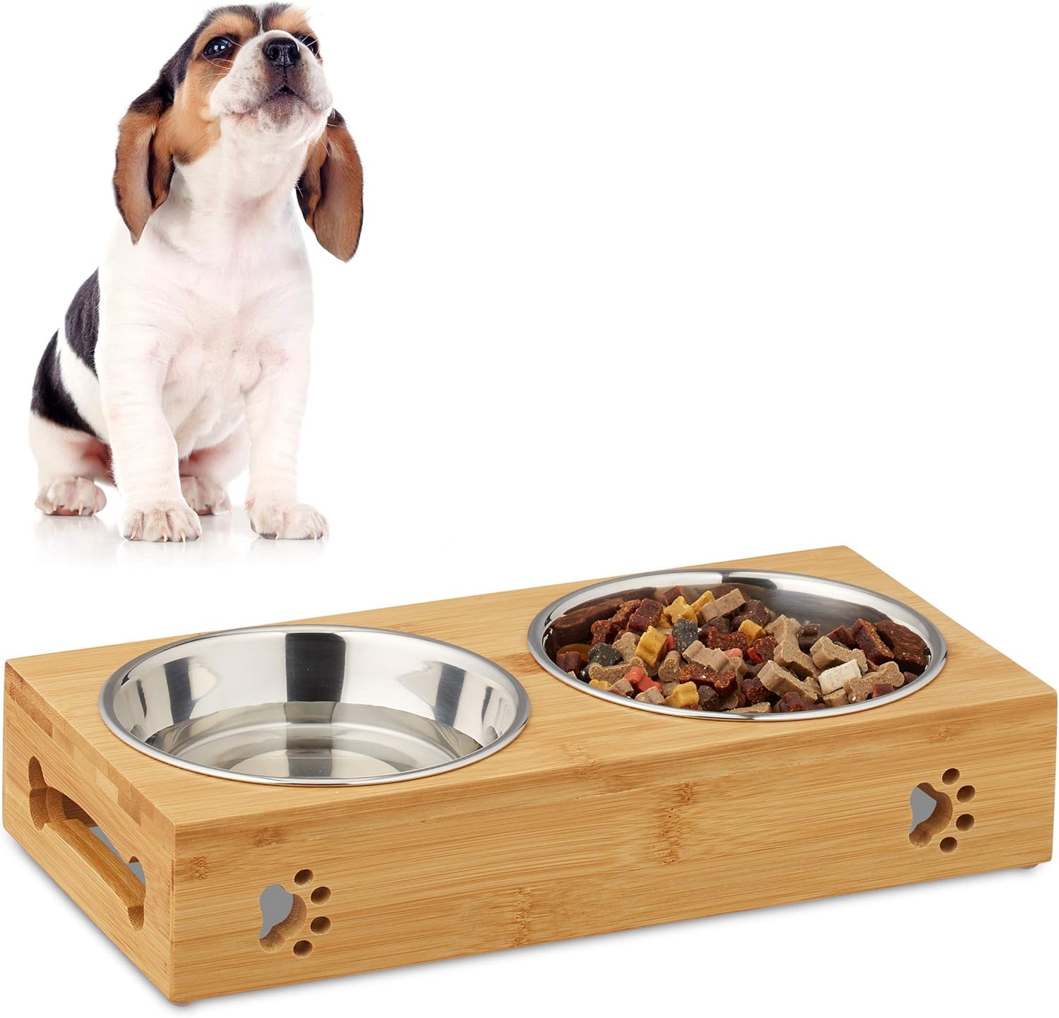 Relaxdays Feeding Station for Small Dogs 2 Bowls, 300 ml, Raised, Bamboo, Stainless, HWD: 6.5x31.5x15 cm, Natural/Silve