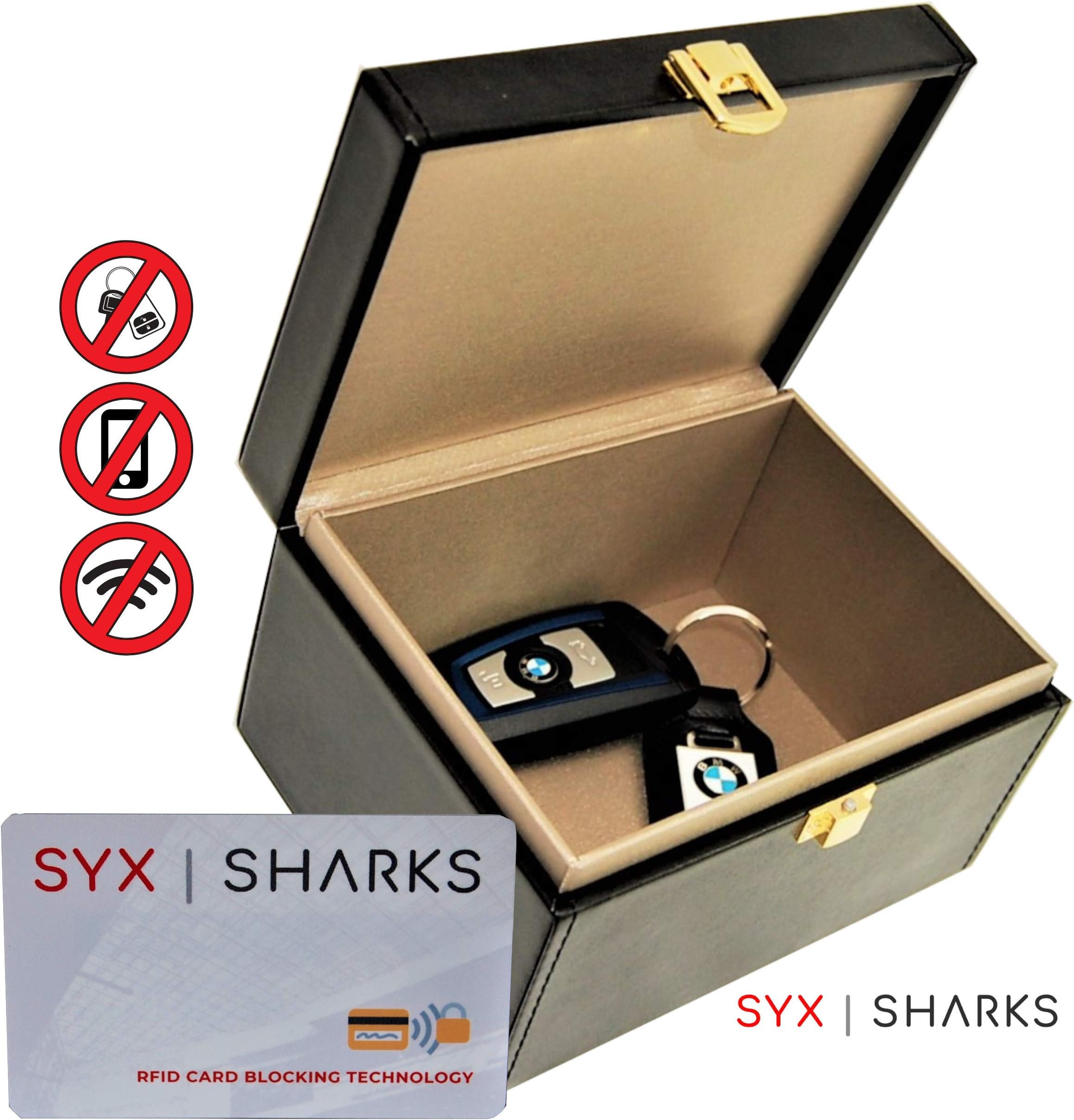 SYX SHARKS Car Key Signal Blocker - Anti Theft Faraday Box, Protects Keyless Entry Car Keys from Relay Attack - Includes FREE BONUS RFID Blocking Card to protect contactless cards