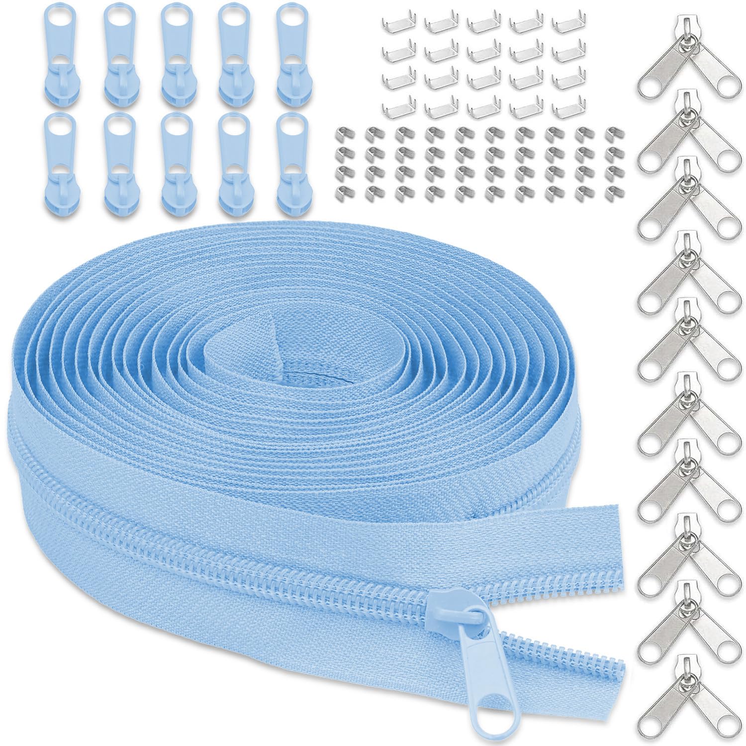 Photo 1 of #3 Nylon Zipper Tape for Sewing: YZSFIRM 10 Yards Sky Blue by The Yard Nylon Coil Zippers for DIY Sewing Craft with 10 Bulk Metal Zipper Slider and 10 Double Slider