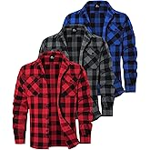 3 Pack Mens Long-Sleeve Button-Down Shirt Cotton Tops Casual Collared Blouses Loose Fit Plaid Flannel Shirts