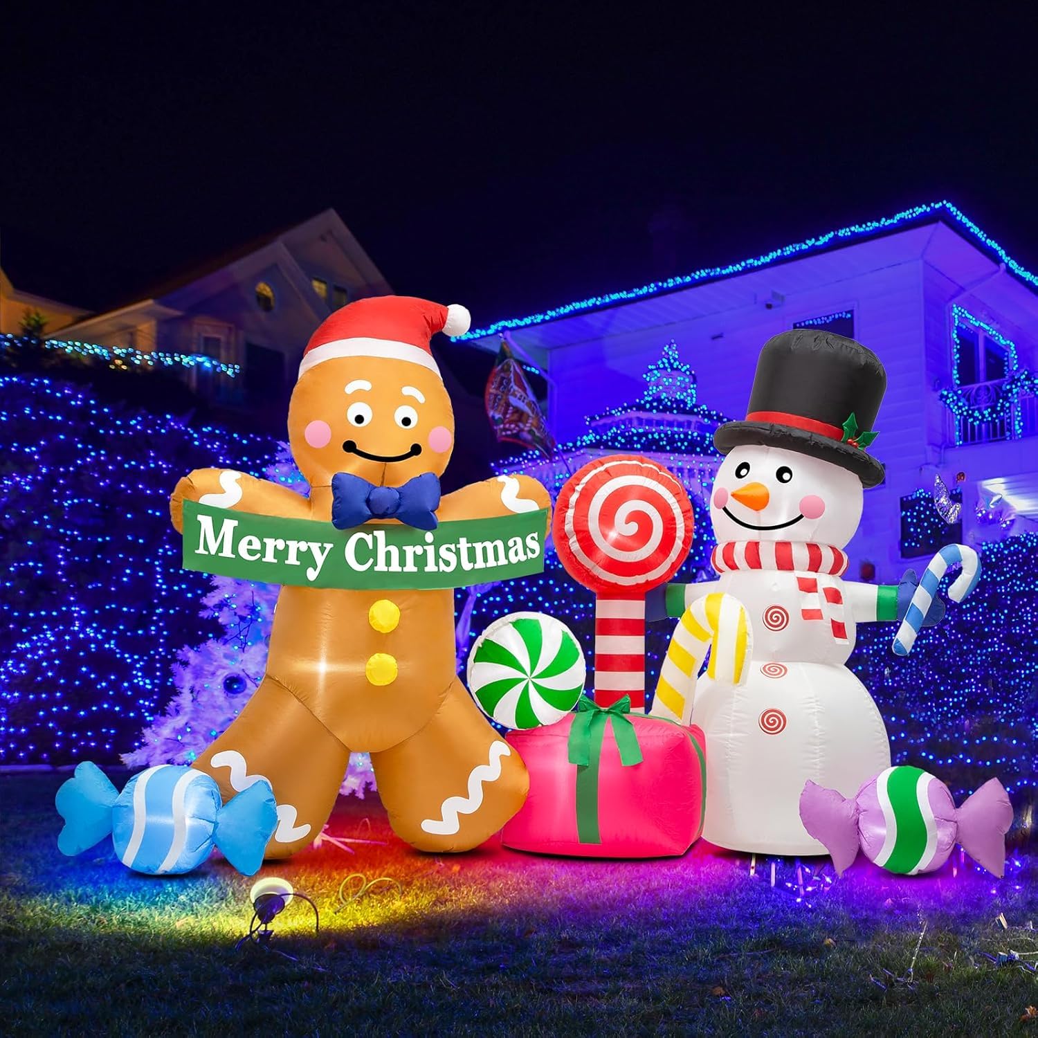Photo 1 of SIKADEER 8FT Christmas Inflatable Decorations 8 FT, Blow Up Gingerbread Man and Snowman with Candy, Outdoor Xmas Decor with Built-in Bright LED Lights for Holiday, Lawn, Party, and Yard Display