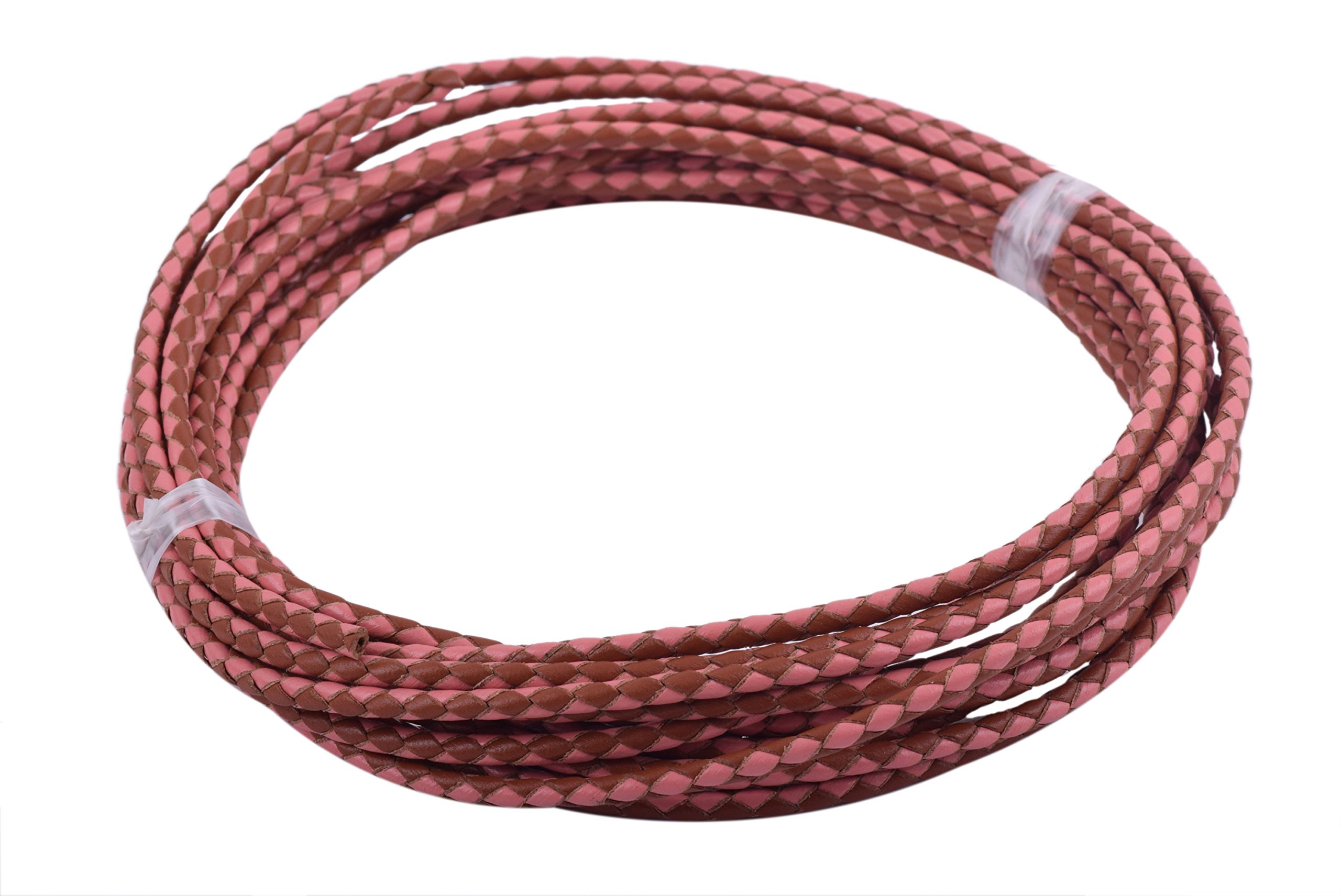 KONMAY 4.5Meters 3.0mm Pink&Tan Genuine Leather Braided Bolo Leather Cord…