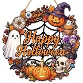 Happy Halloween Door Decorations Ghost Pumpkin Spider Wooden Wreath Hanger | Spooky witch & black‑cat skull design; Durable basswood; Farmhouse Front‑porch wall decor; Indoor‑outdoor compatible