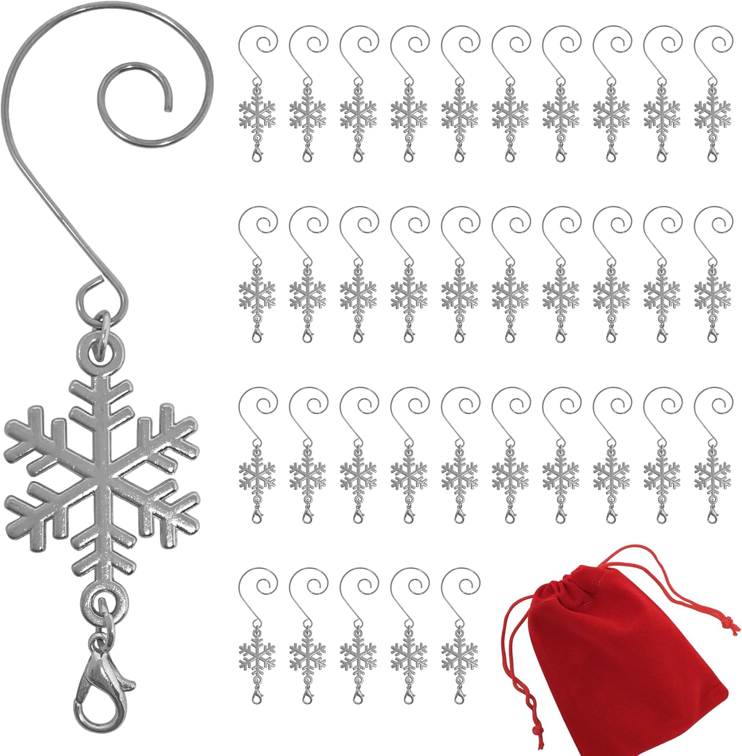 Ornament Hooks - BANBERRY DESIGNS Christmas Snowflake Ornament Hook with S-Hook and Lobster Claw - Set of 36- Shiny Silver Snowflake Hangers - Xmas Accessories & Accents for Hanging Ornaments