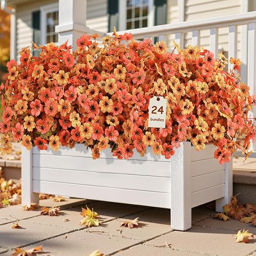 Alupssuc 24 Bundles Autumn Artificial Flowers Outdoor Decorations, Silk Violet Plastic Fake Flower Plants for Hanging Baskets Garden Porch Window Home Vases Wedding Farmhouse Decor, Orange and Red